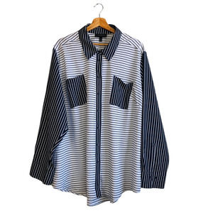 Lane Bryant Navy Blue White Stripe Long Sleeve Button Down Blouse 22/24